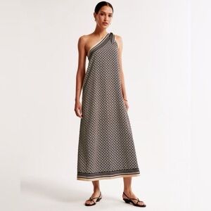 Abercrombie & Fitch One Shoulder Scarf Bow Midi Dress Black White Size Large EUC